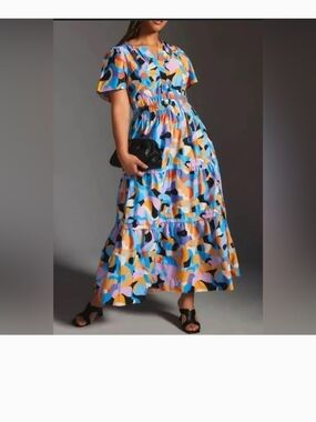 Abstract Print Blue Multi Short-Sleeve Maxi Dress